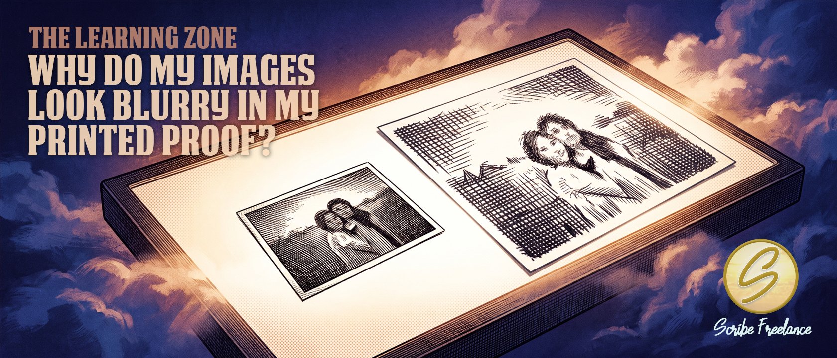 Illustration of a light table displaying two prints of the same photo side by side, one sharp and one visibly soft from being enlarged