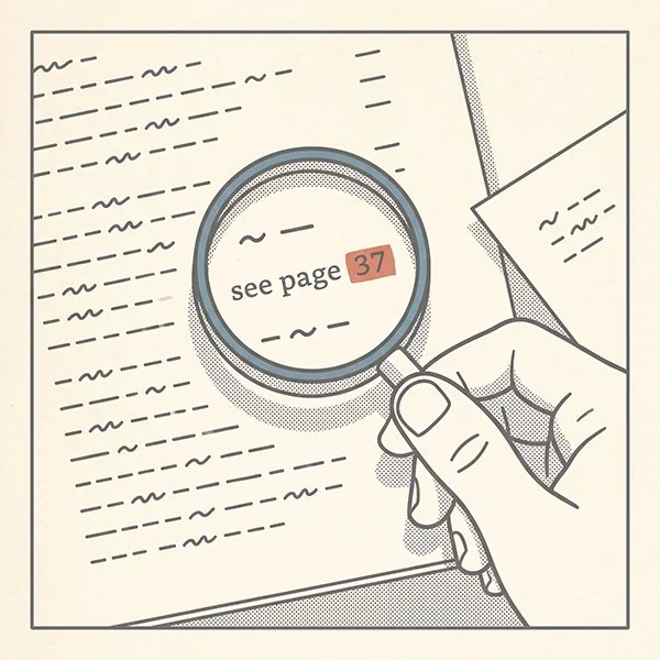 A magnifying loupe checking a page reference against a printed index entry.