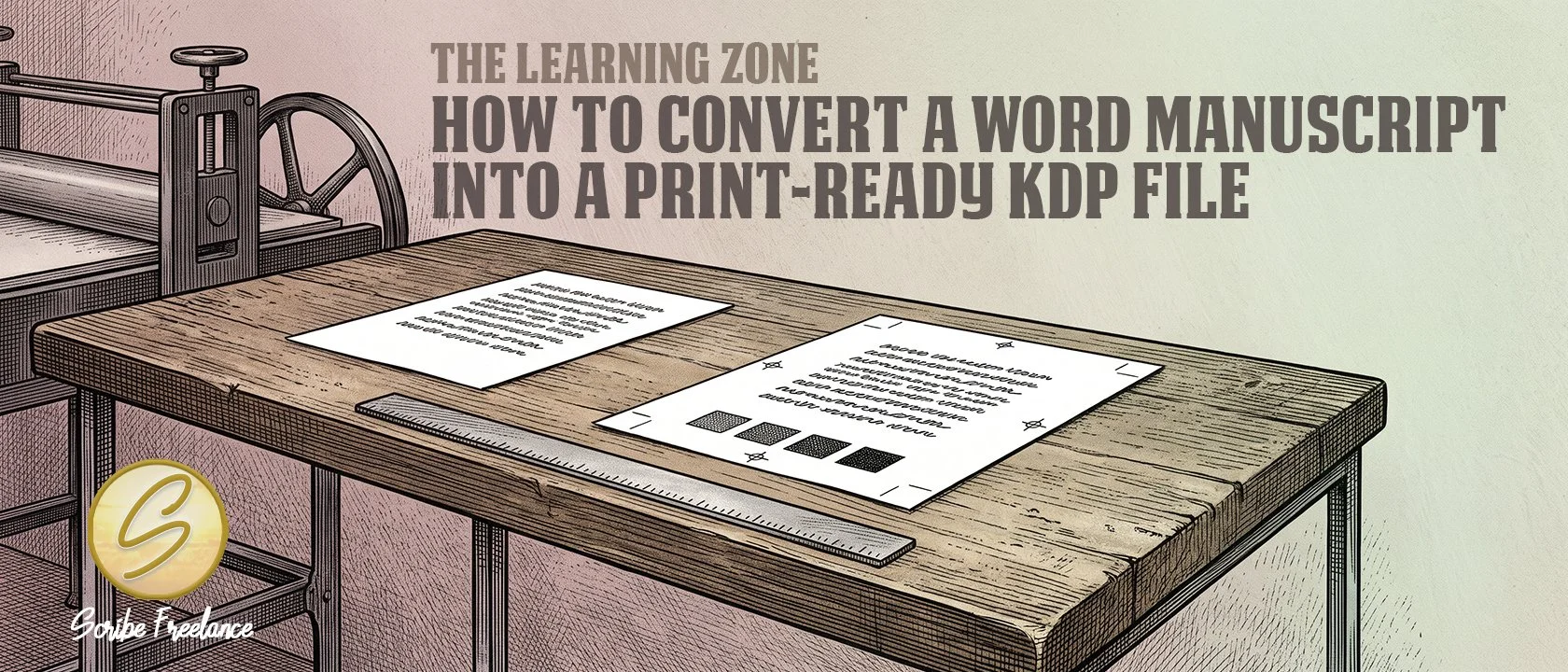 A plain typed page beside a printer’s press sheet marked with trim and registration marks.