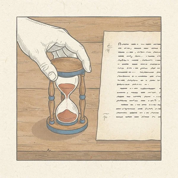 A hand turning an hourglass beside a single marked manuscript page.