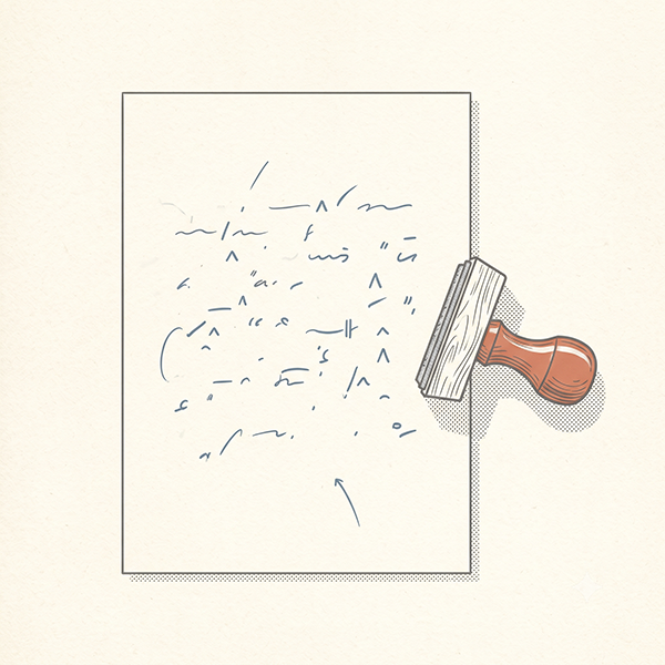 Illustration of a single rubber approval stamp resting beside a manuscript page marked with correction strokes, the page left unstamped.