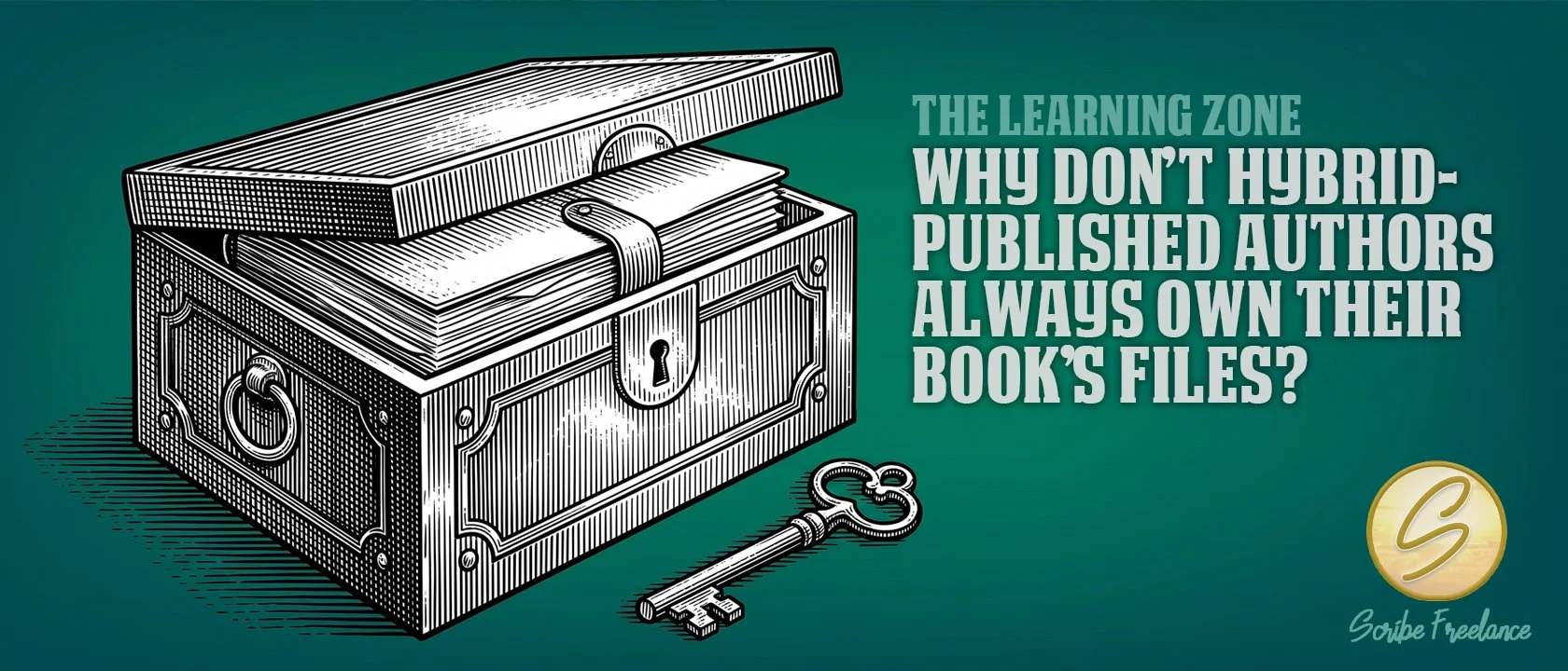 Illustration of a locked strongbox holding a manuscript folder, an ornate key resting beside it, set against a deep teal and emerald background.