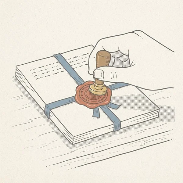 A hand pressing a seal into wax on a ribbon-tied packet of manuscript pages.