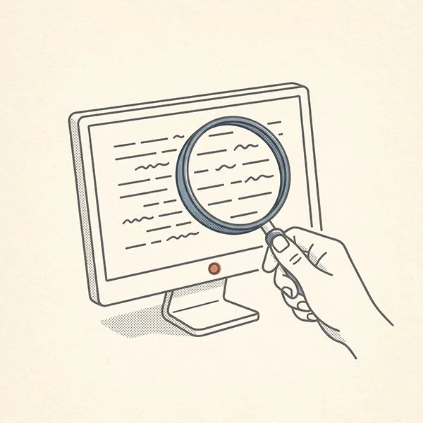 A magnifying glass inspecting a few indented paragraph lines on a screen.