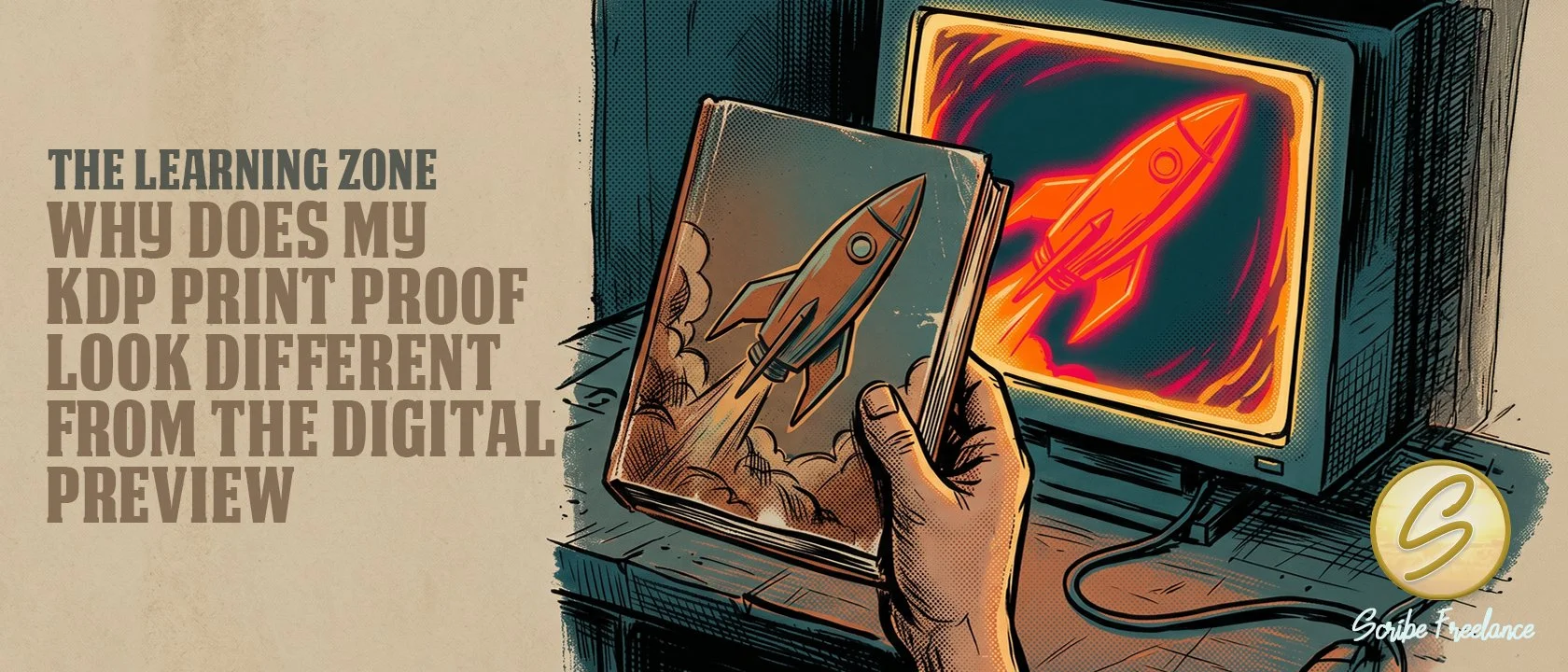 Illustration of a hand holding a printed book cover up to a computer screen, comparing the muted printed color to a brighter on-screen version