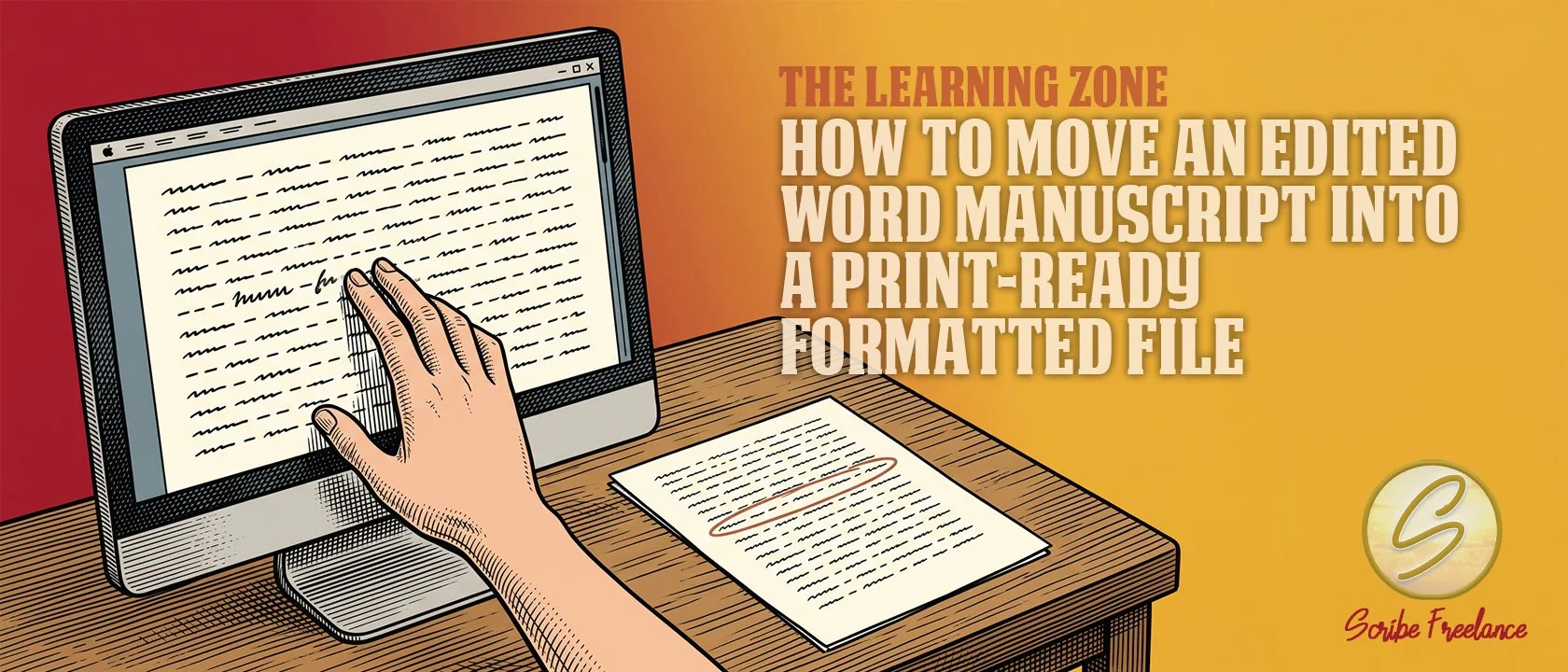 A hand correcting text directly on a computer screen beside a marked printed proof page.