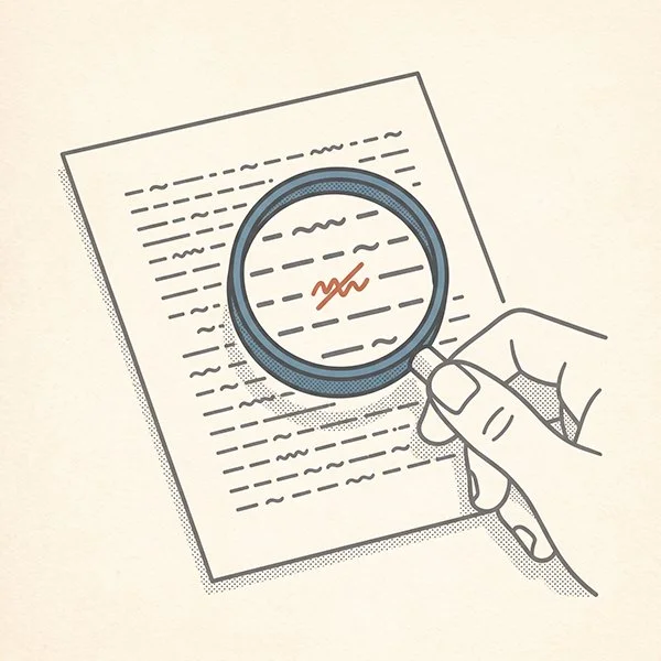 A magnifying loupe inspecting a marked correction on a printed proof page.