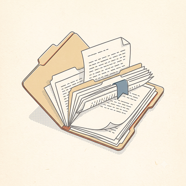 Letterpress icon of an open folder with files fanned out inside.