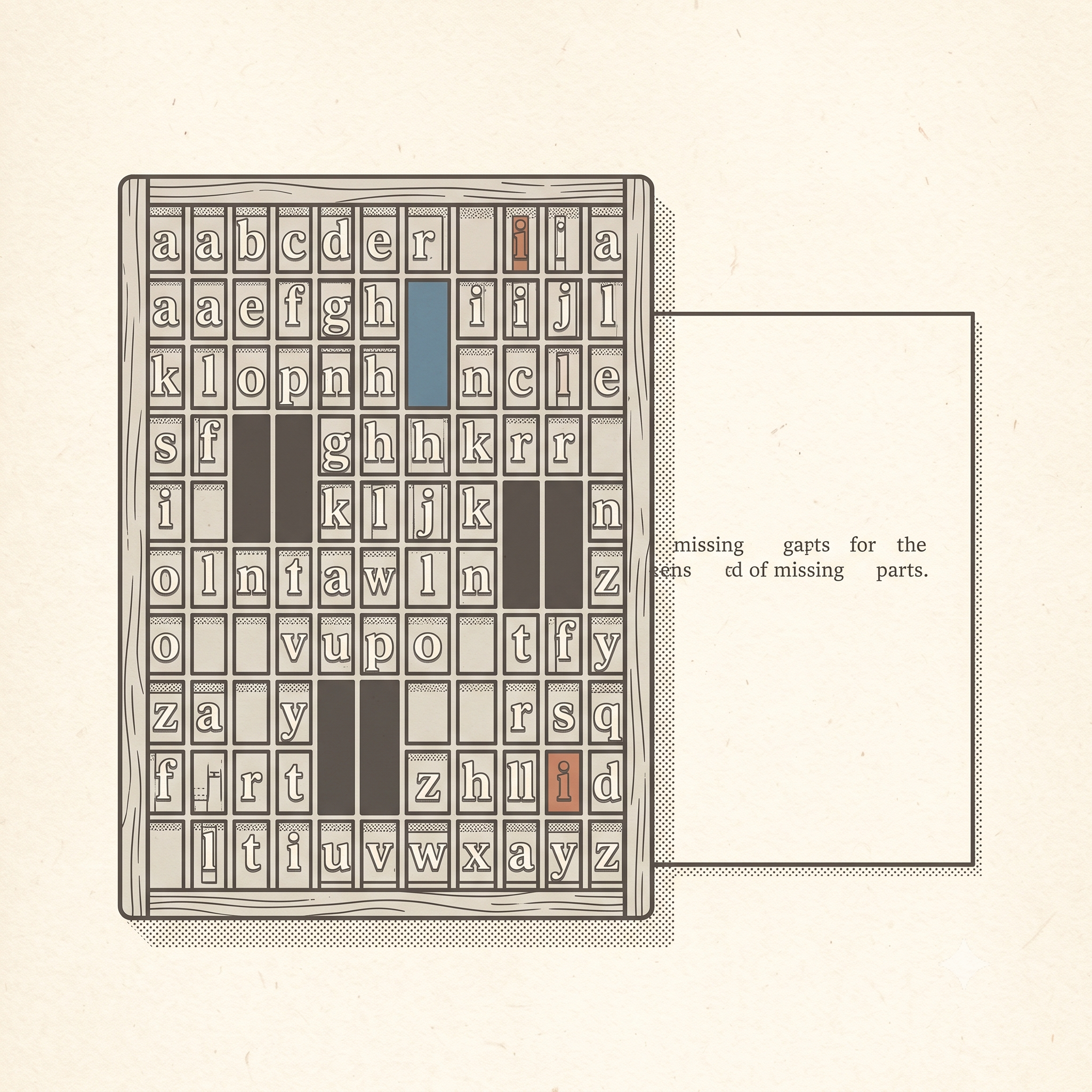 Illustrated antique typesetter's case with empty letter compartments beside a printed page showing missing characters