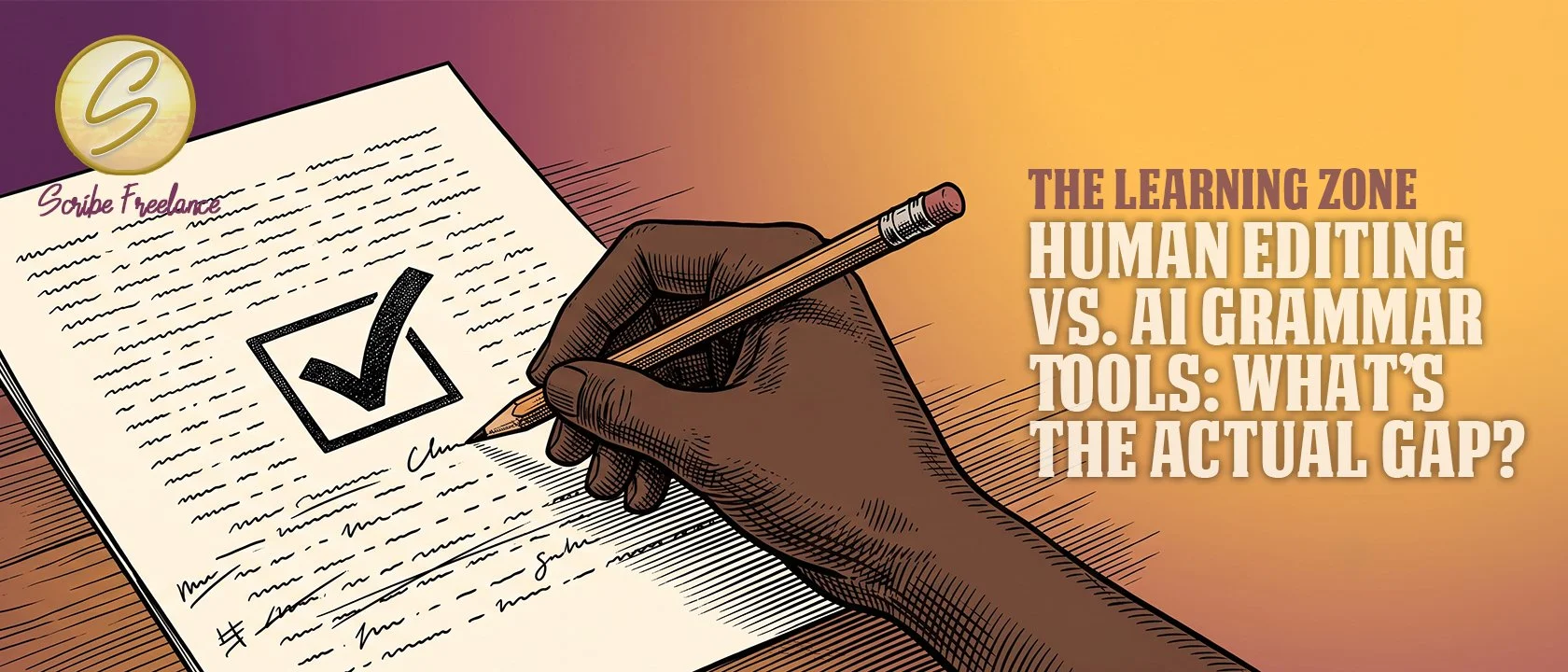 Hand adding pencil notes to a manuscript page already stamped with a checkmark.
