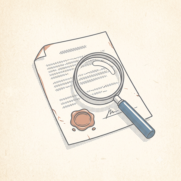 Illustration of a magnifying glass resting over an old signed agreement with a wax seal, inspecting the date line, in warm cream and gray linework with a muted blue accent.