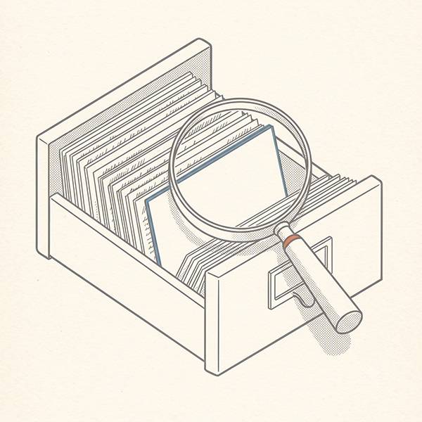 A warm illustration of a magnifying glass resting over an open library card catalog drawer, its lens positioned above one blank card in a row of handwritten ones.