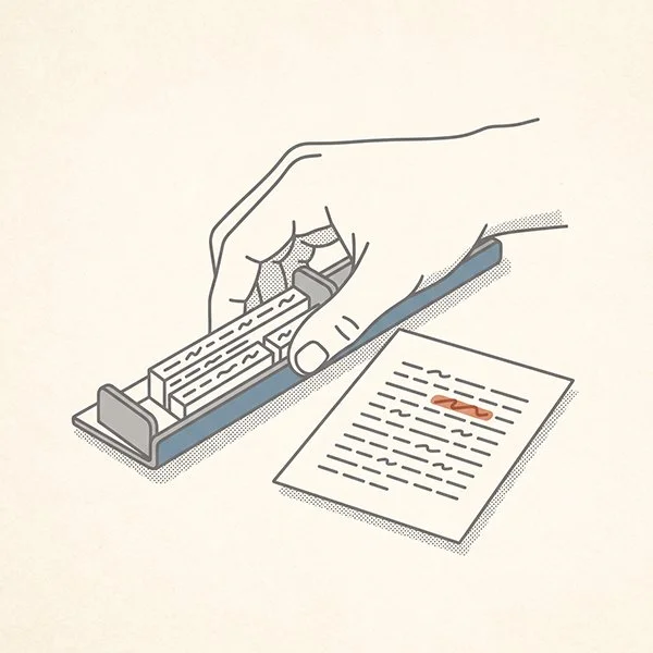 A composing stick making a direct correction in set type beside a marked printed proof sheet.