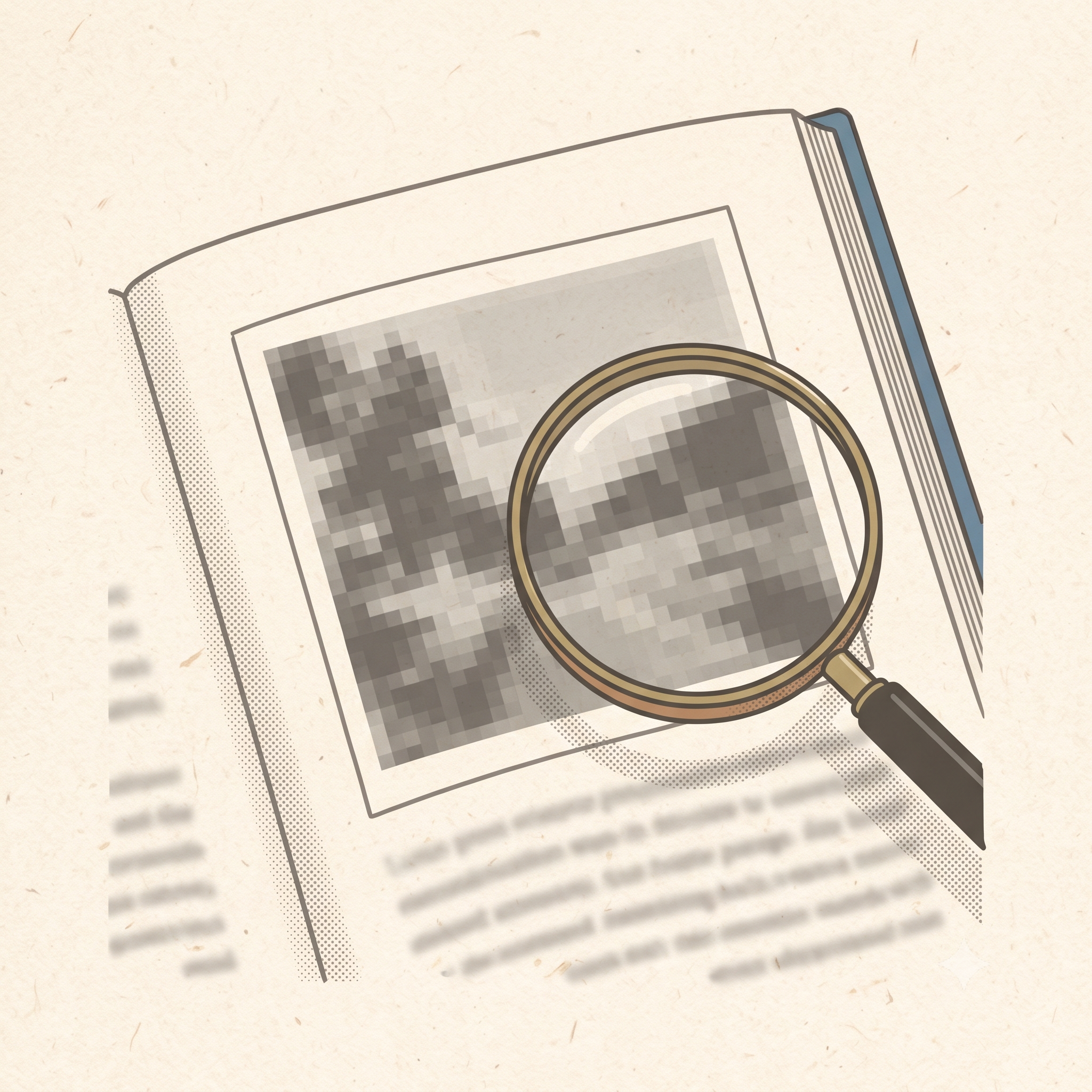 Illustrated magnifying glass revealing a blurry, pixelated photo on an open book page — image resolution too low for print
