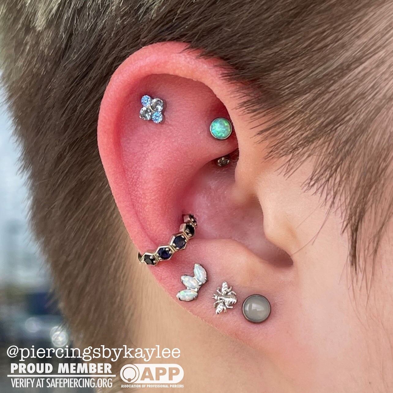 Always getting to do something fun and new on these ears! Everything has been pierced by me other than the first lobe piercings. And everything is now healed. All jewelry is also from our studio! One of the more recent pieces of jewelry we installed 
