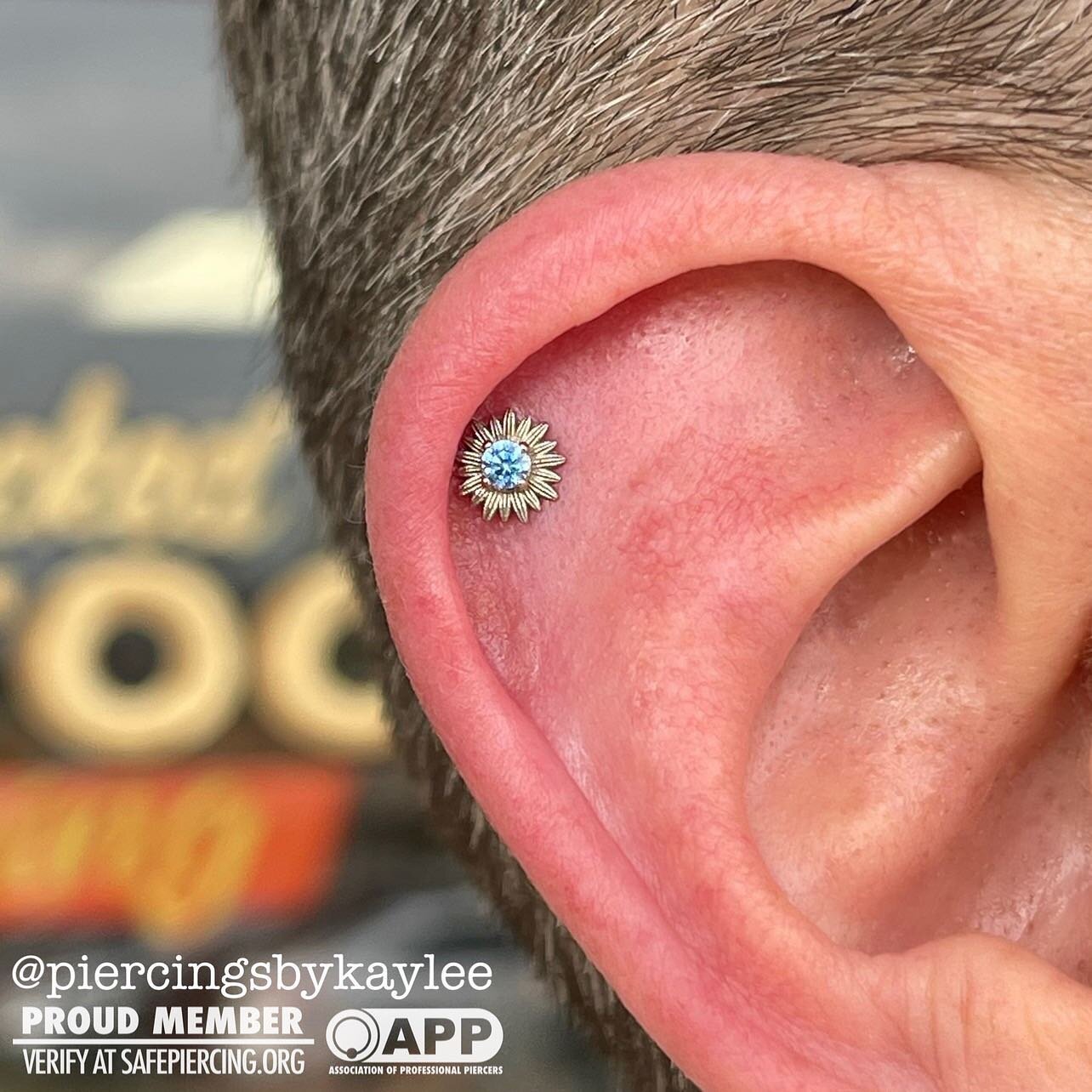 When your piercings and hair vibe perfectly together ✨ fresh helix pierced with this gorgeous white gold Artesia end with a arctic blue CZ ❄️ 
.
.
.
#piercing #piercings #earpiercings #anatometalinc #gold #whitegold #safepiercing #appmember #piercerb