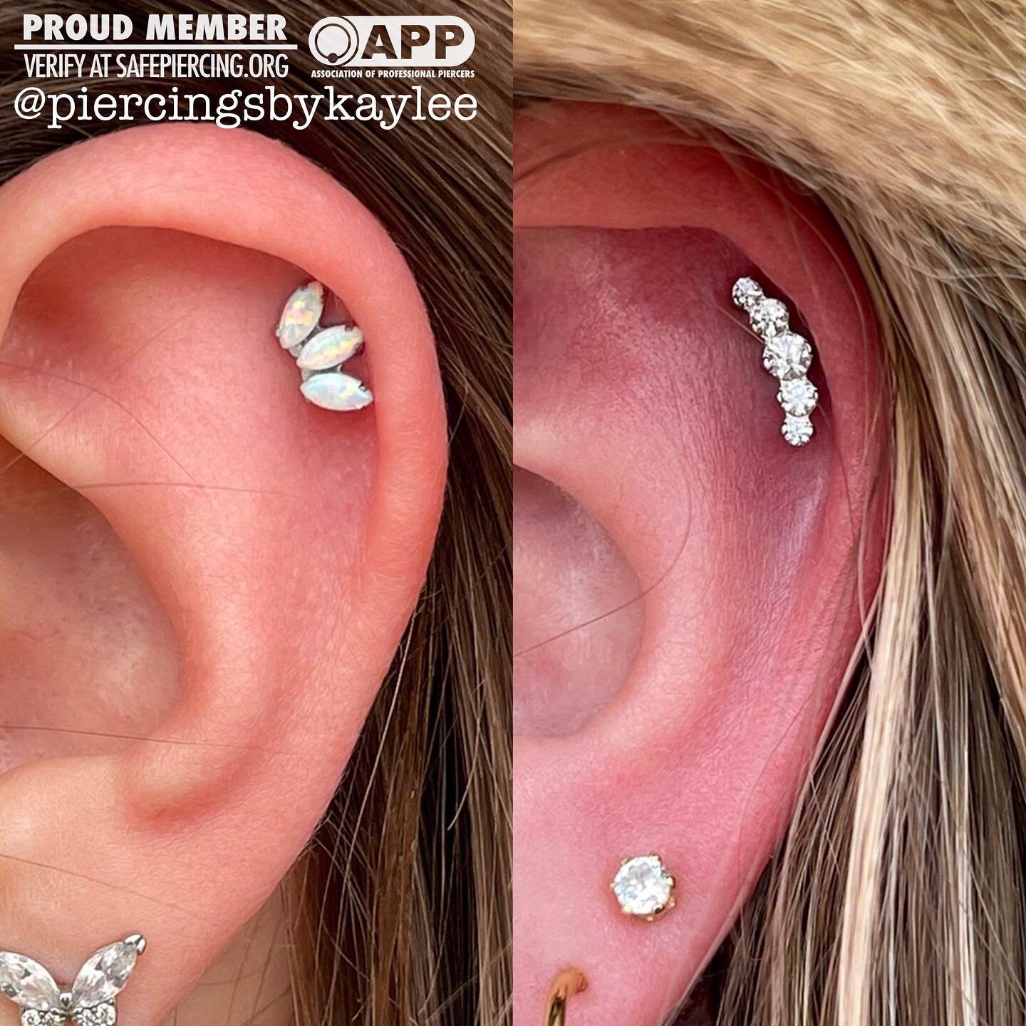 When friends get pierced together✨ both fresh helix piercings! in the first photo is a marquise fan with white opals. Second photo featuring a odyssey 5 gem cluster with white CZ&rsquo;s🌿
.
.
.
.
#pierced #earpiercing #piercedears #isbodyjewelry #op