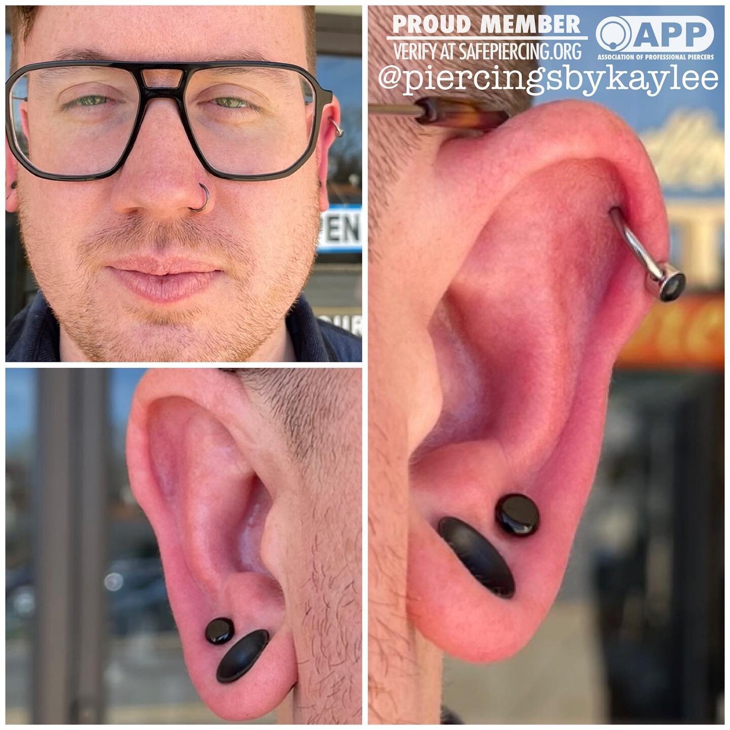 So happy with how all these piercings have come along. We did a fresh set of 10 gauge earlobe piercings with some @gorillaglass plugs behind their first holes. As well as fresh helix piercing with a onyx stone. I also had the pleasure of upgrading th