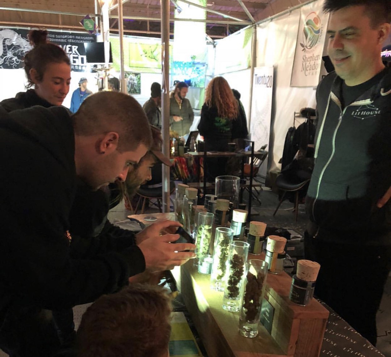 Curious cannabis connoisseurs peruse the goods at the booth of Mendocino’s own LitHouse Farm in the PacEx Pavilion at the 2018 Emerald Cup