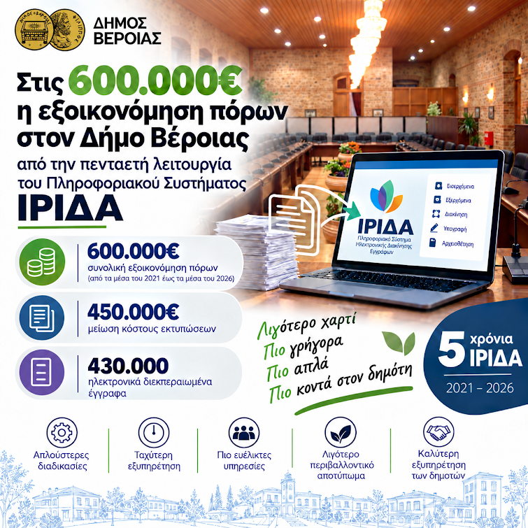 Βέροια. Στις 600.000€ η εξοικονόμηση πόρων χάρις στην ‘Ίριδα’ 