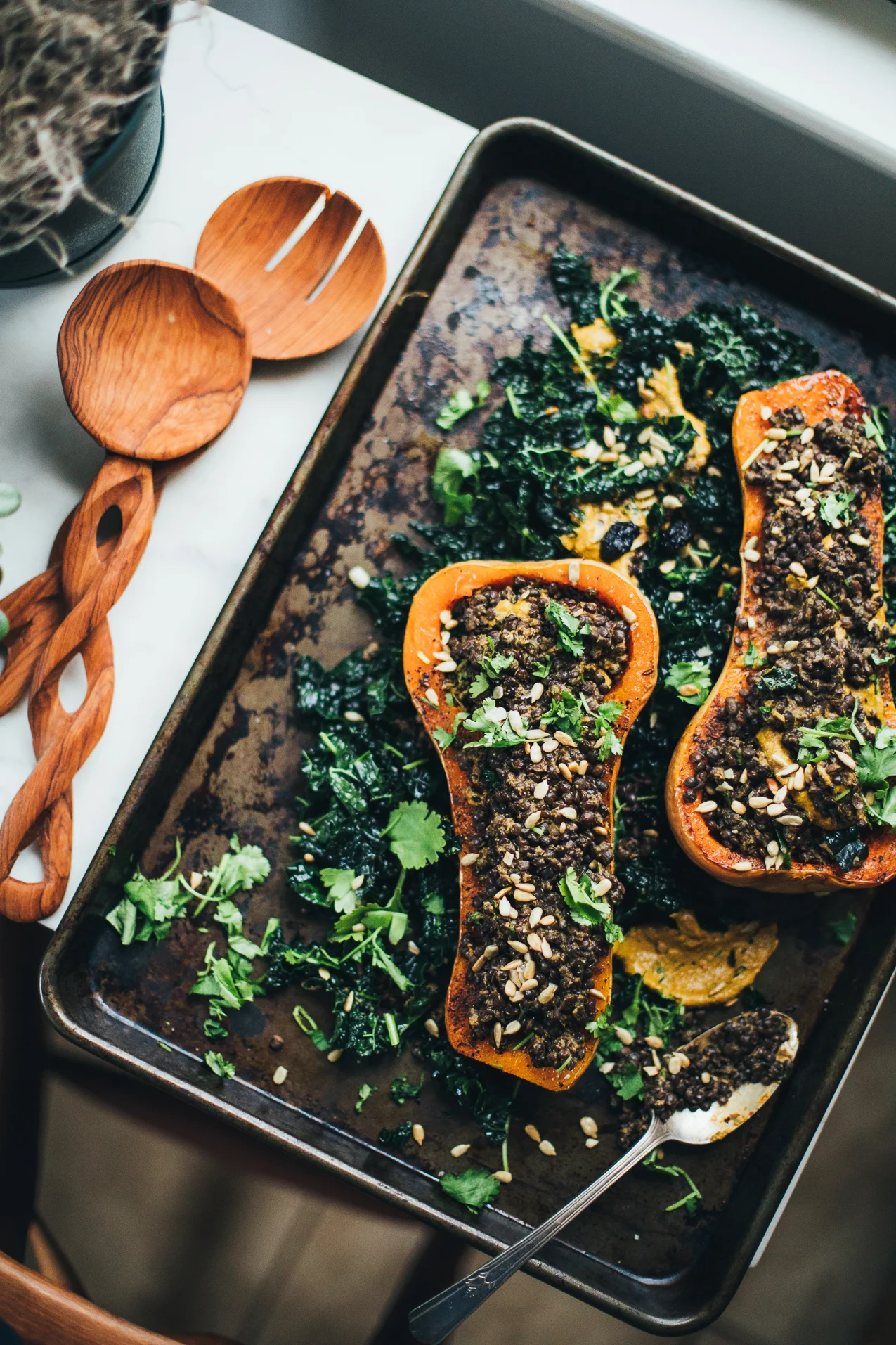 Messy Cumin-Roasted Butternut Squash with Lentils and Sunny Red Pepper Cilantro Sauce