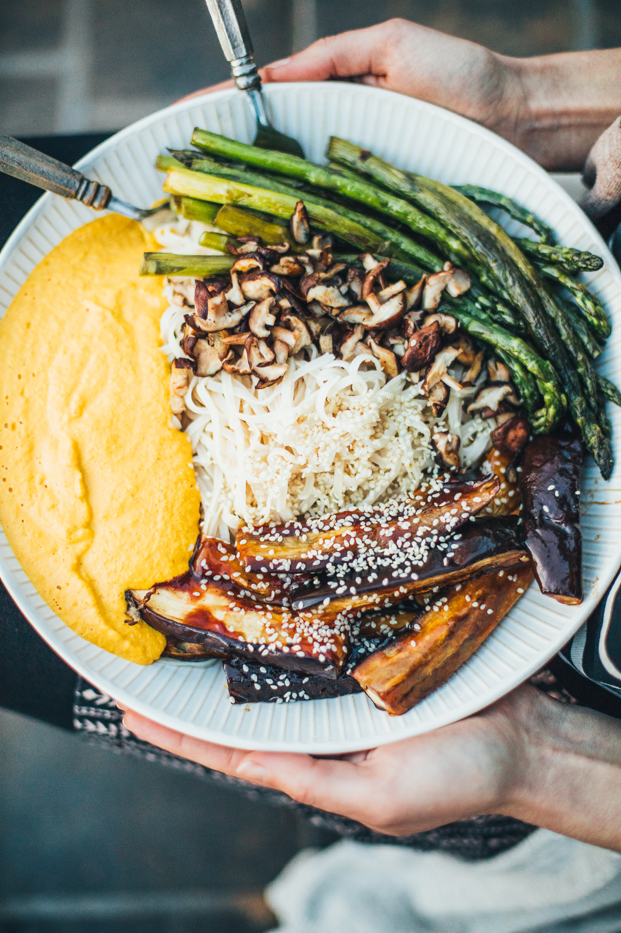 Barbecue Eggplant Noodle Bowl with Golden Beet Romesco Sauce (Vegan, Gluten Free)