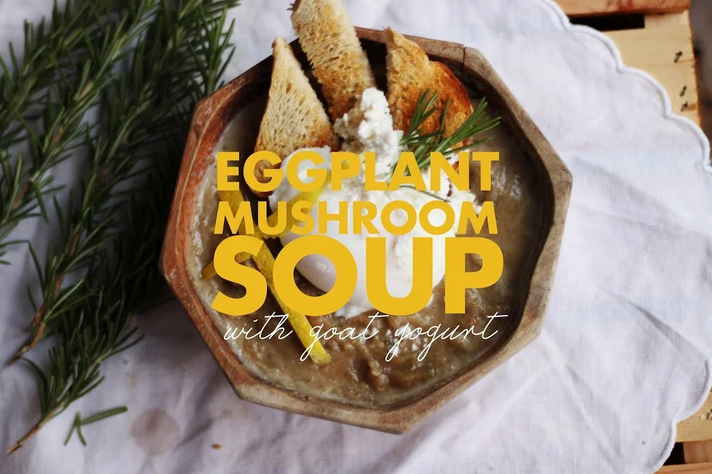 Eggplant Mushroom Soup with Poached Egg