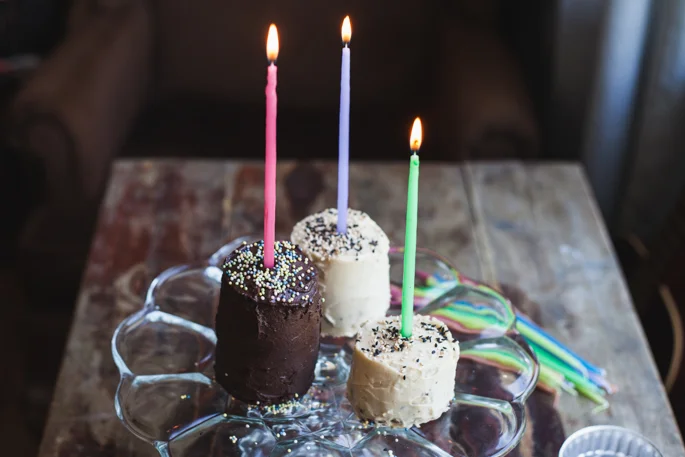 Birthday Mini Cakes with Mocha & Halva Frosting (Gluten Free, Dairy Free)