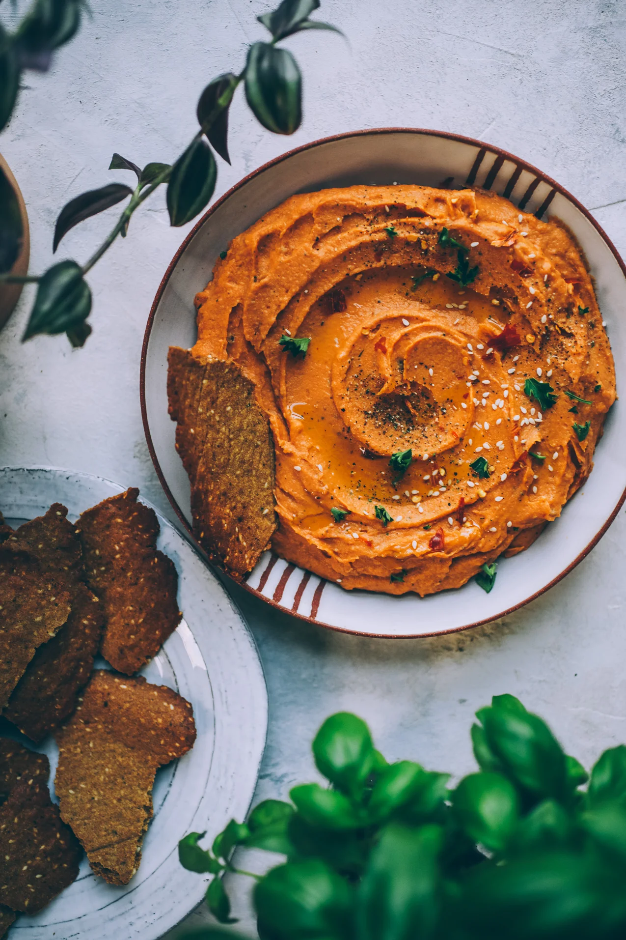 Moroccan-ish Sweet Potato Dip with Sesame Chickpea Crackers