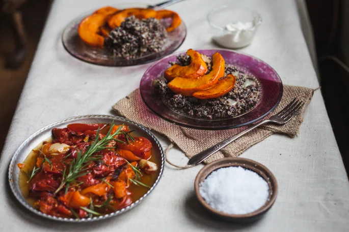 Roasted Kabocha Over Cashew Quinoa with Smokey Heirloom Tomatoes