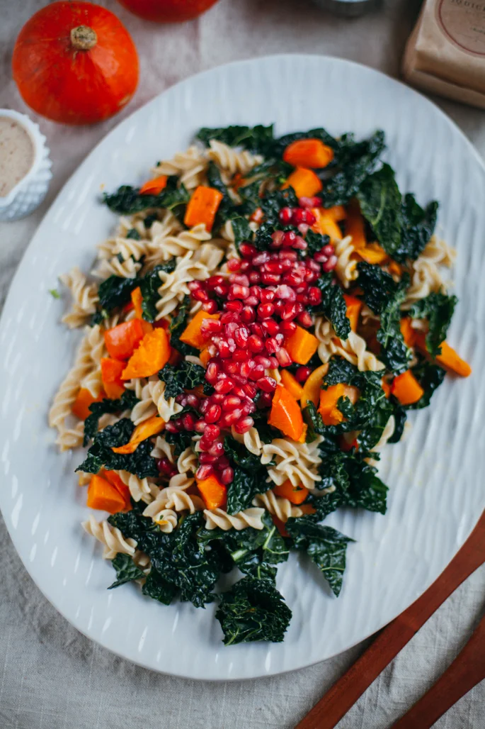 Autumn Squash Confetti Pasta Salad w/ Almond Butter Dressing + J. Q. Dickinson Salt-Works Friendsgiving Virtual Potluck (Giveaway Closed)