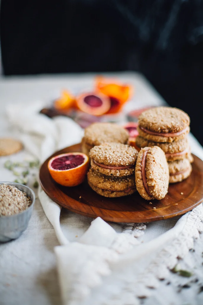 Sesame Tahini & Blood Orange Curd Sandwich Cookies (Gluten Free, Dairy Free)