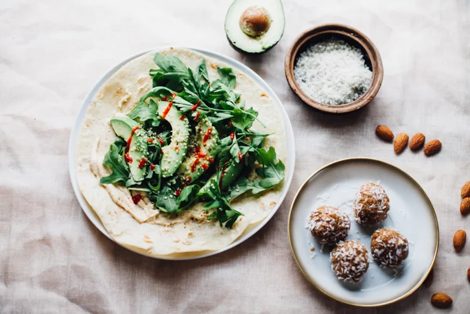 Simple Meals: Power Greens Tortilla & Almond Butter Coconut Energy Bites (Vegan, Gluten Free)