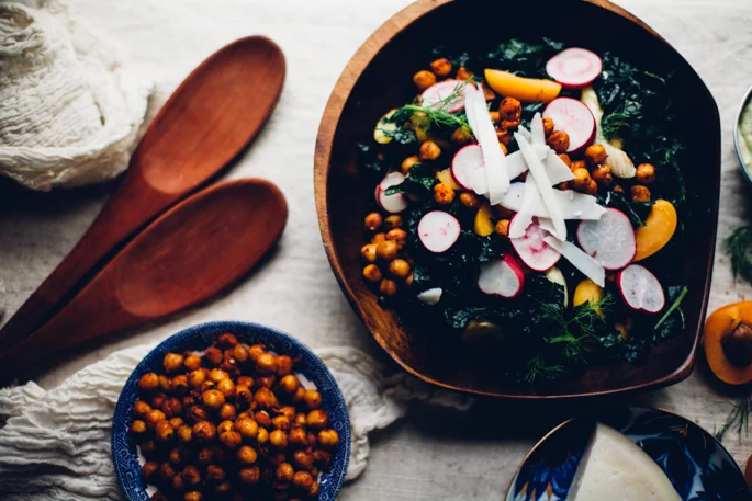 Crisp Chickpea & Kale Salad w/ Apricot, Fried Fennel & Tahini Avocado Goddess Dressing