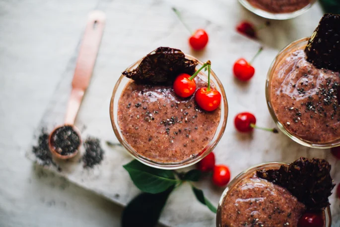 Sour Cherry Chia Pudding with Dark Chocolate Super Seed Crisps (Vegan, Gluten Free)