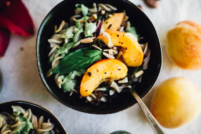 Peaches and Greens Pasta Salad w/ Bliss-Inducing Basil Tahini Sauce (Vegan, Gluten Free)