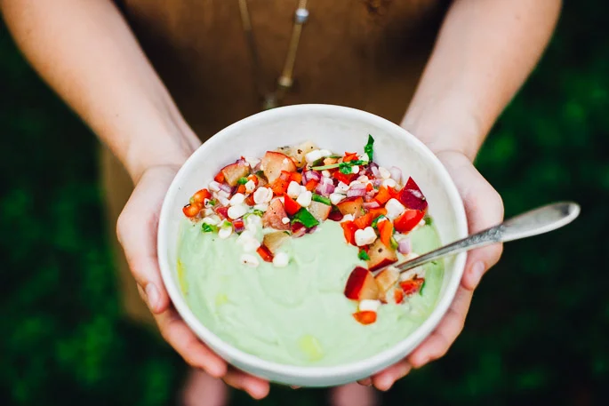 Chilled Avocado Soup with Plum Pico de Gallo