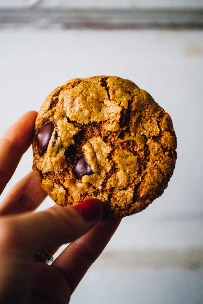 Chocolate Chip Cashew Butter Cookies with Turmeric, Teff, and Dried Apple