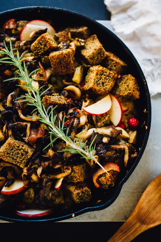The Best Damn Vegetarian, Gluten Free Cornbread Stuffing with Cranberry, Apple, Mushrooms and Brussels Sprouts (Vegan Option)