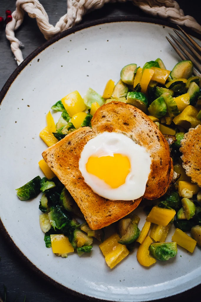 Egg-in-a-Basket with Miso Butter Brussels Sprouts (Gluten Free)