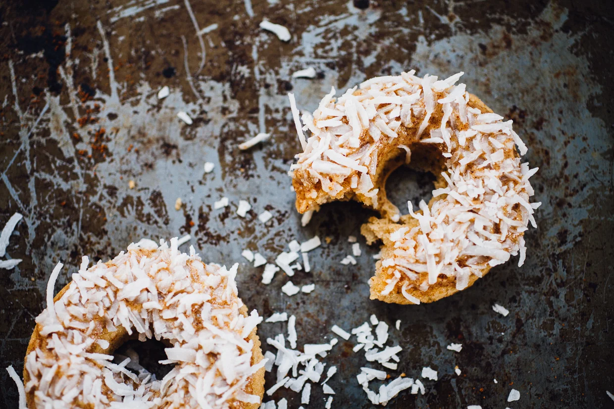 Maple Sweetened Gluten Free Cake Doughnuts with Almond Butter Frosting (Vegan)