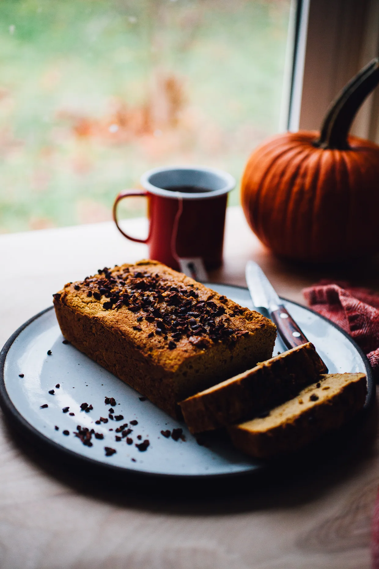 Gluten Free Pumpkin Bread with Cacao Nibs (Dairy Free, Vegan Option)