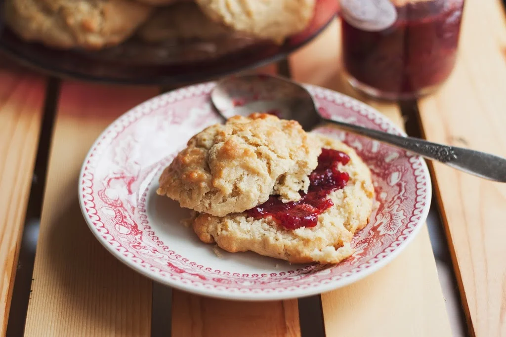 Vegan Coconut Oil Drop Biscuits with Strawberry Jam