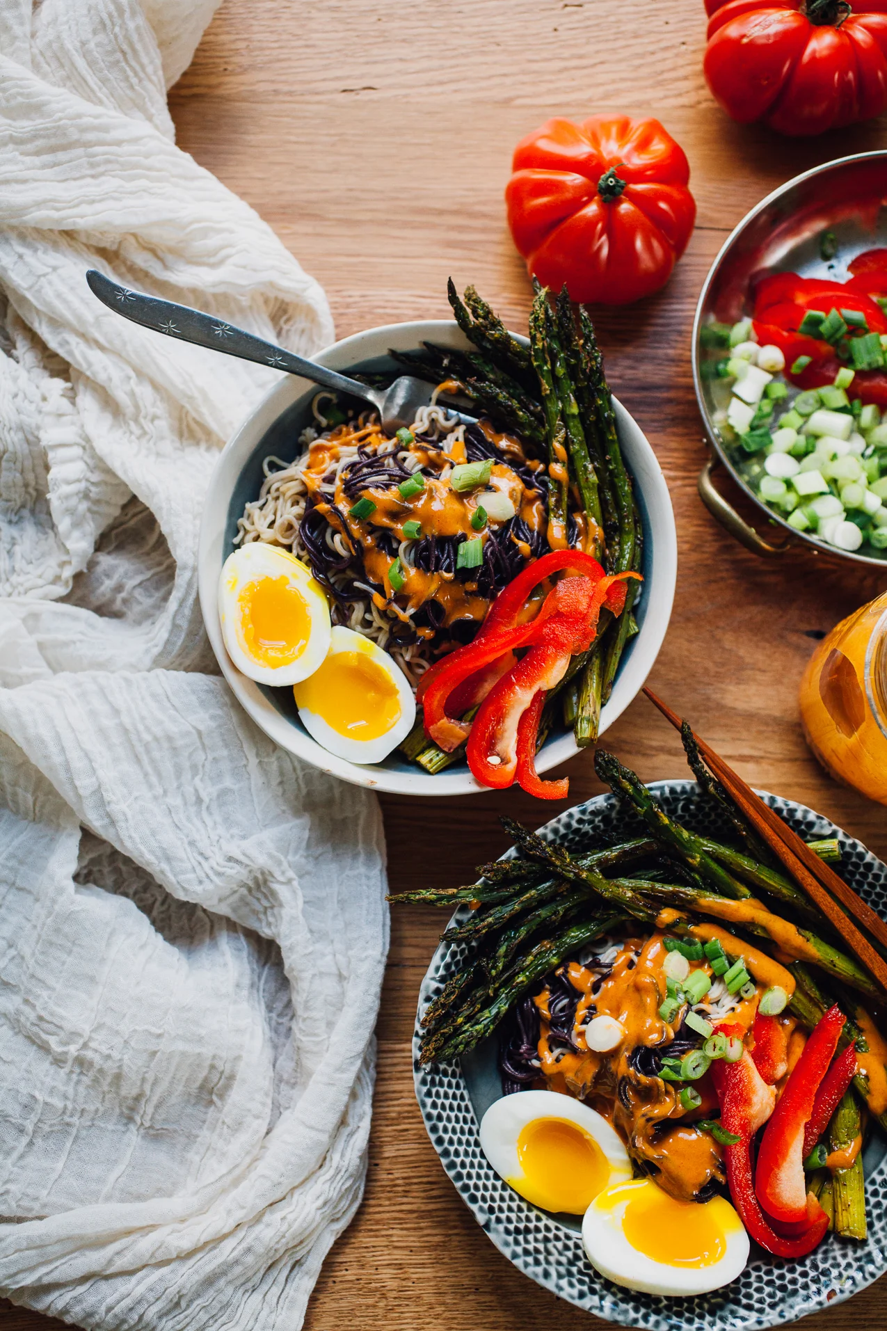 Ramen Noodle Bowls with Tahini Gochujang Sauce and Garlicky Sumac Roasted Asparagus (Gluten Free & Vegan Options)