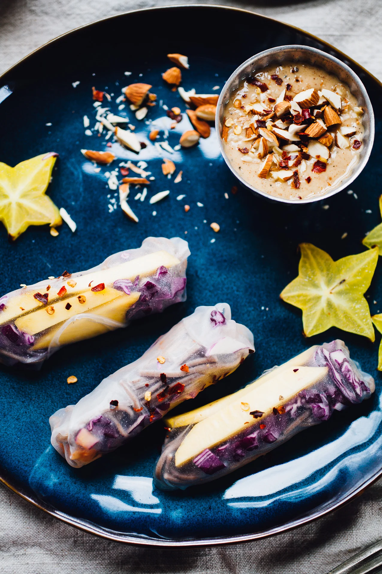 Kimchi, Mango and Soba Summer Rolls + Almond Miso Dipping Sauce (Vegan, Gluten Free)