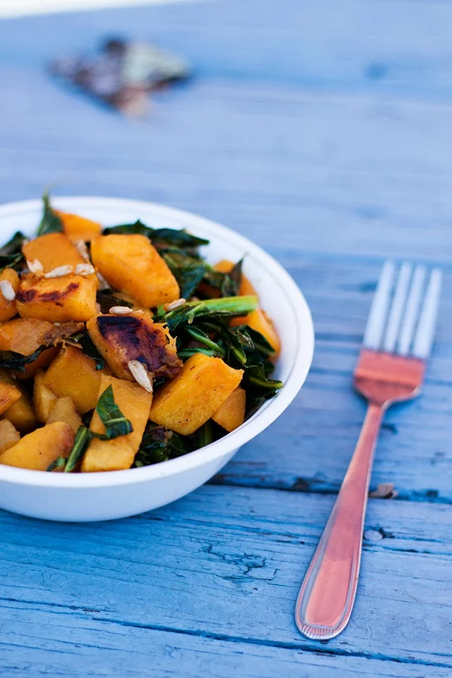 Brown Sugar Sautéed Butternut Squash and Collards with Sunflower Seeds