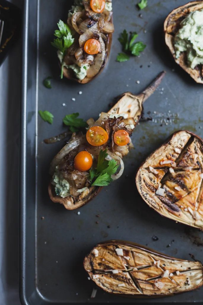 Roasted Eggplant w/ Artichoke Chevre Spread & Fried Onions (Gluten Free)