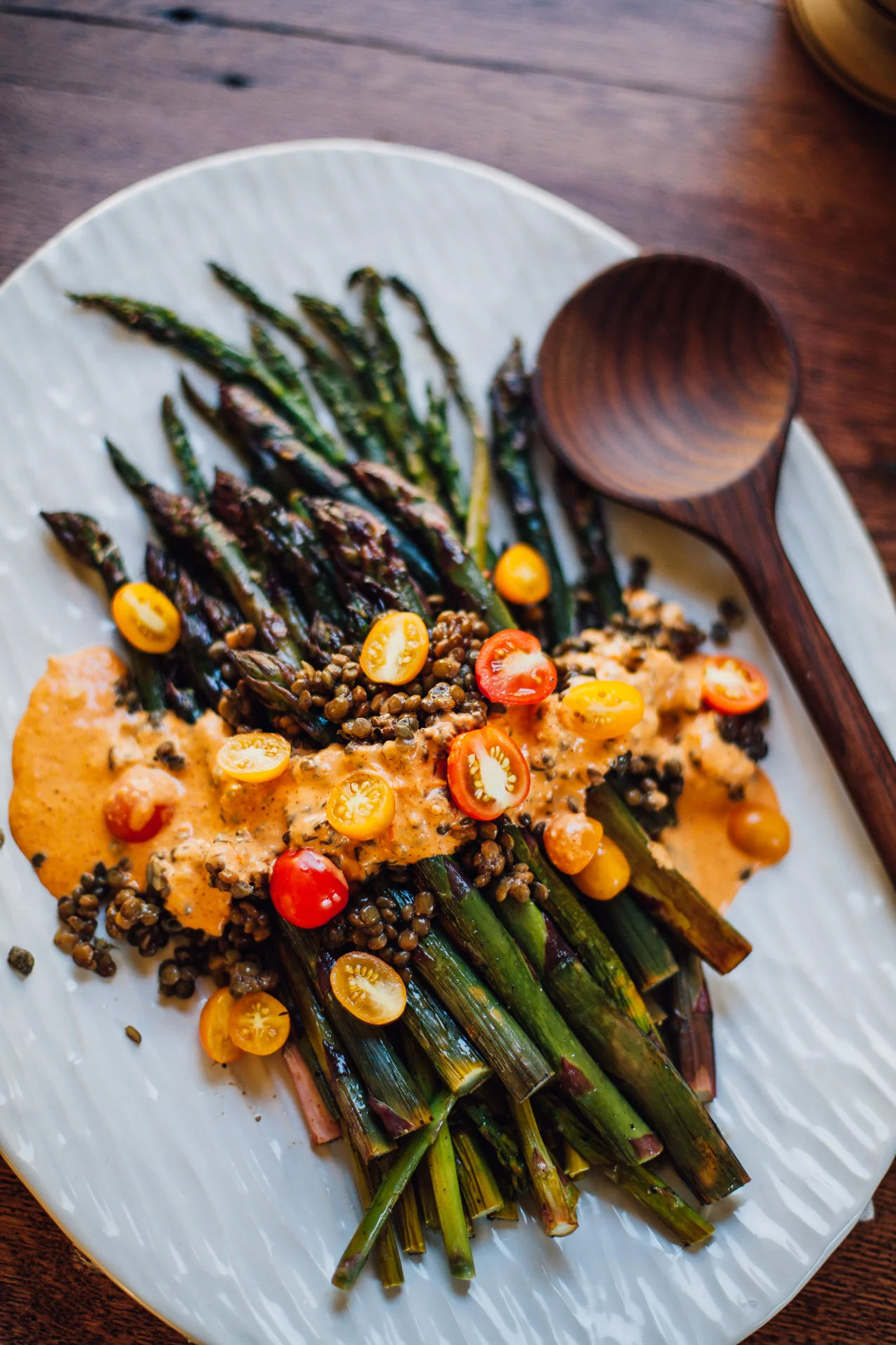 Roasted Asparagus with Romesco Sauce &amp; Lentils (Vegan, Gluten Free)