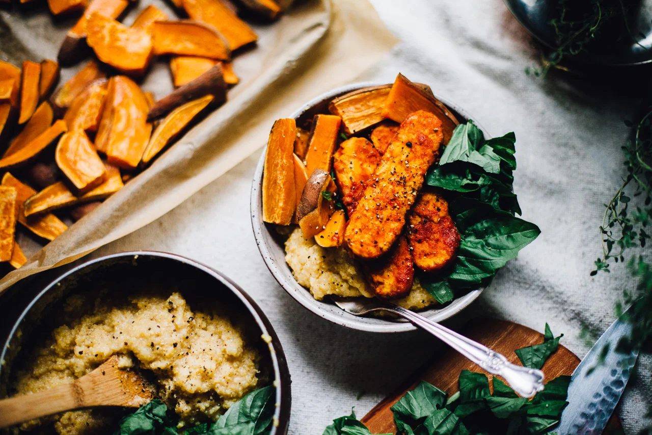Gochujang Tempeh Sausage with Polenta, Basil and Roasted Sweet Potato (Vegan, Gluten Free)