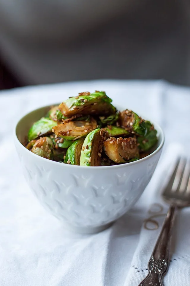 Sesame Coconut Tamari Brussels Sprouts with Poached Egg